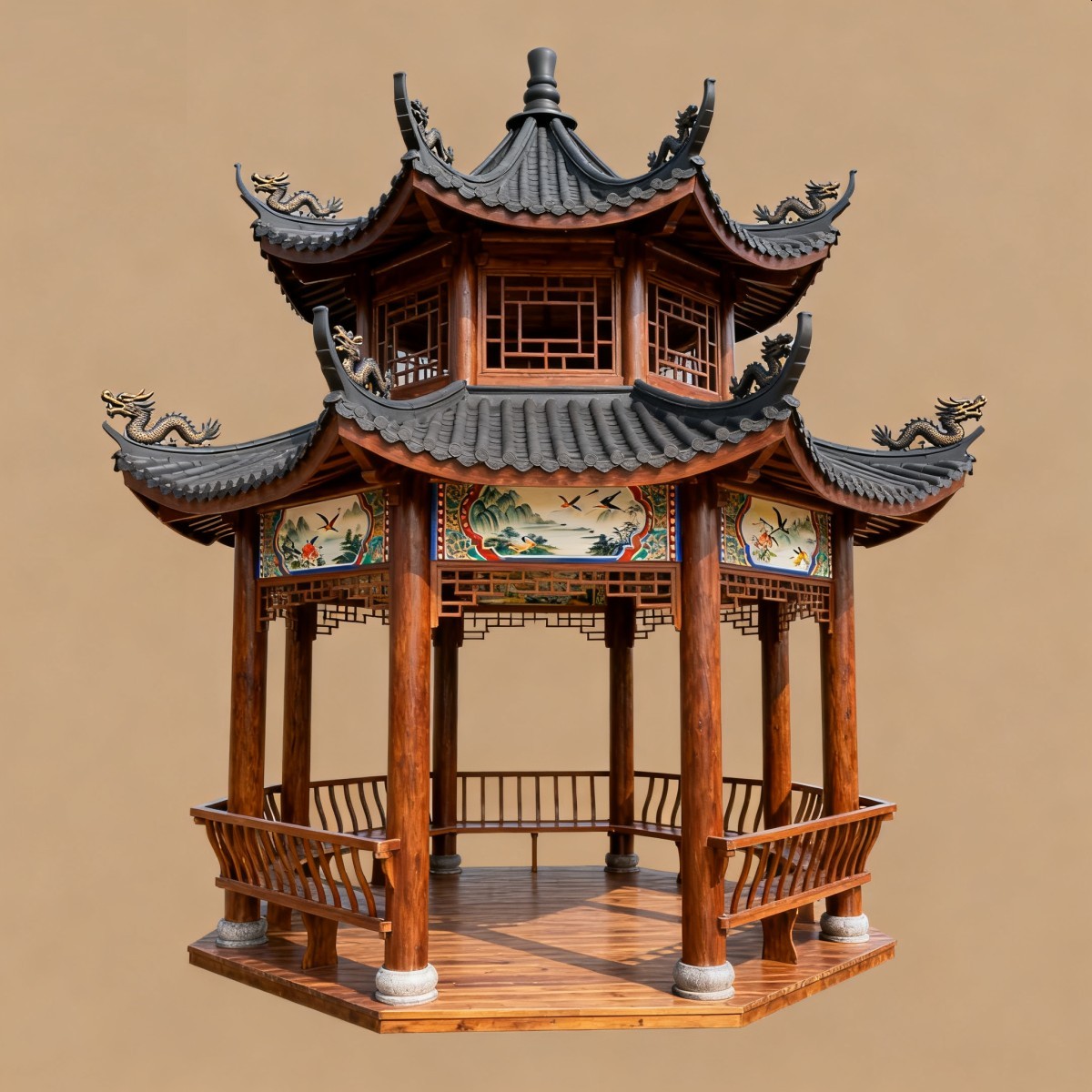 陕西仿古风格防腐木凉亭,实木凉亭,木亭